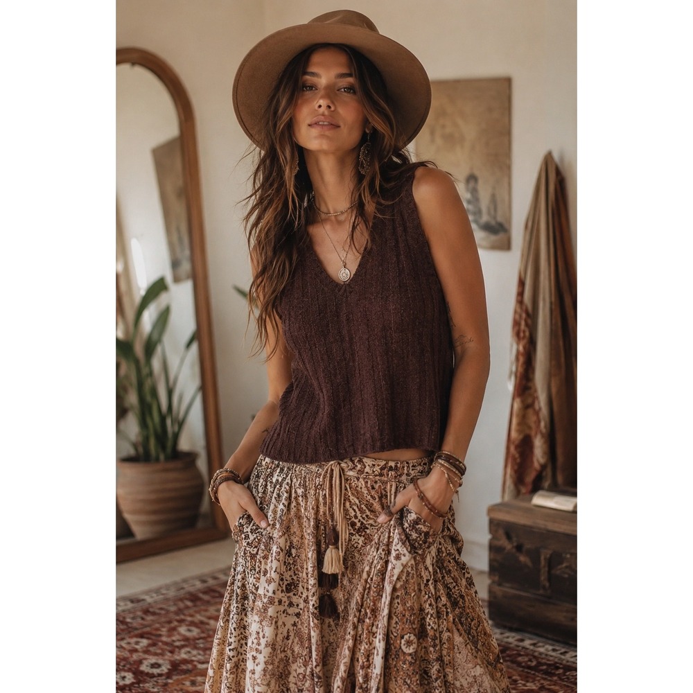 Vintage Boho Women Small Sweater Vest Brown Merino Wool Blend Ribbed Boucle